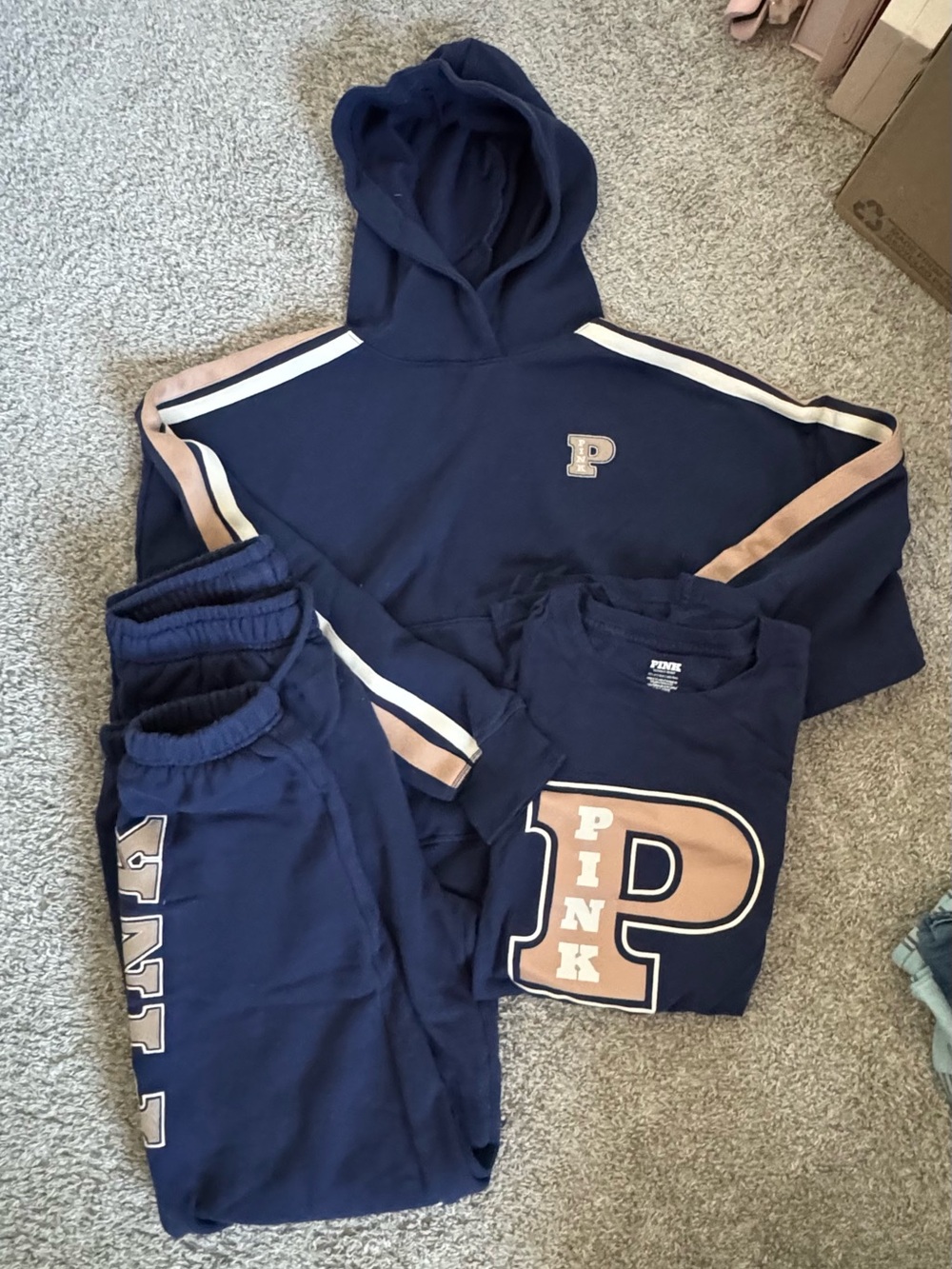 PINK Victoria's Secret Navy & Tan Hoodie, Tee & Joggers Set
